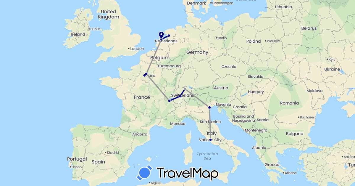 TravelMap itinerary: driving, plane, hiking in Switzerland, France, Italy, Netherlands, Vatican City (Europe)